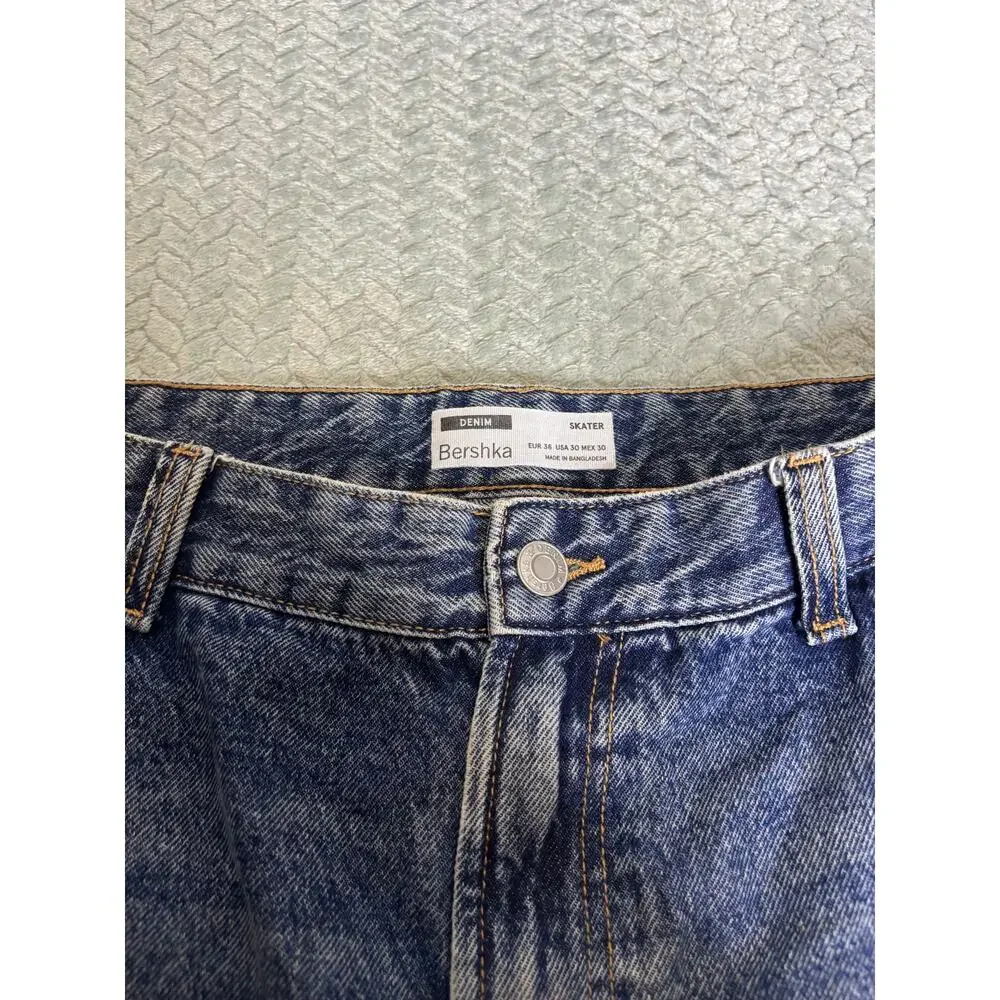 Bershka Skater Cargo Jeans Baggy Wide Leg Blue Denim Y2K Size 30